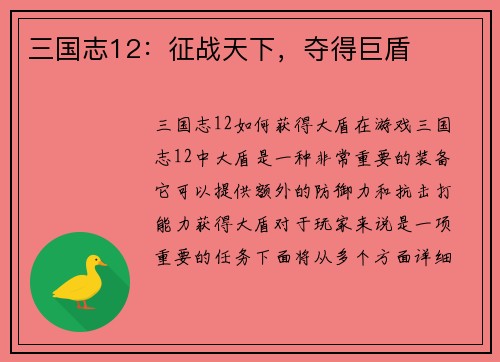 三国志12：征战天下，夺得巨盾
